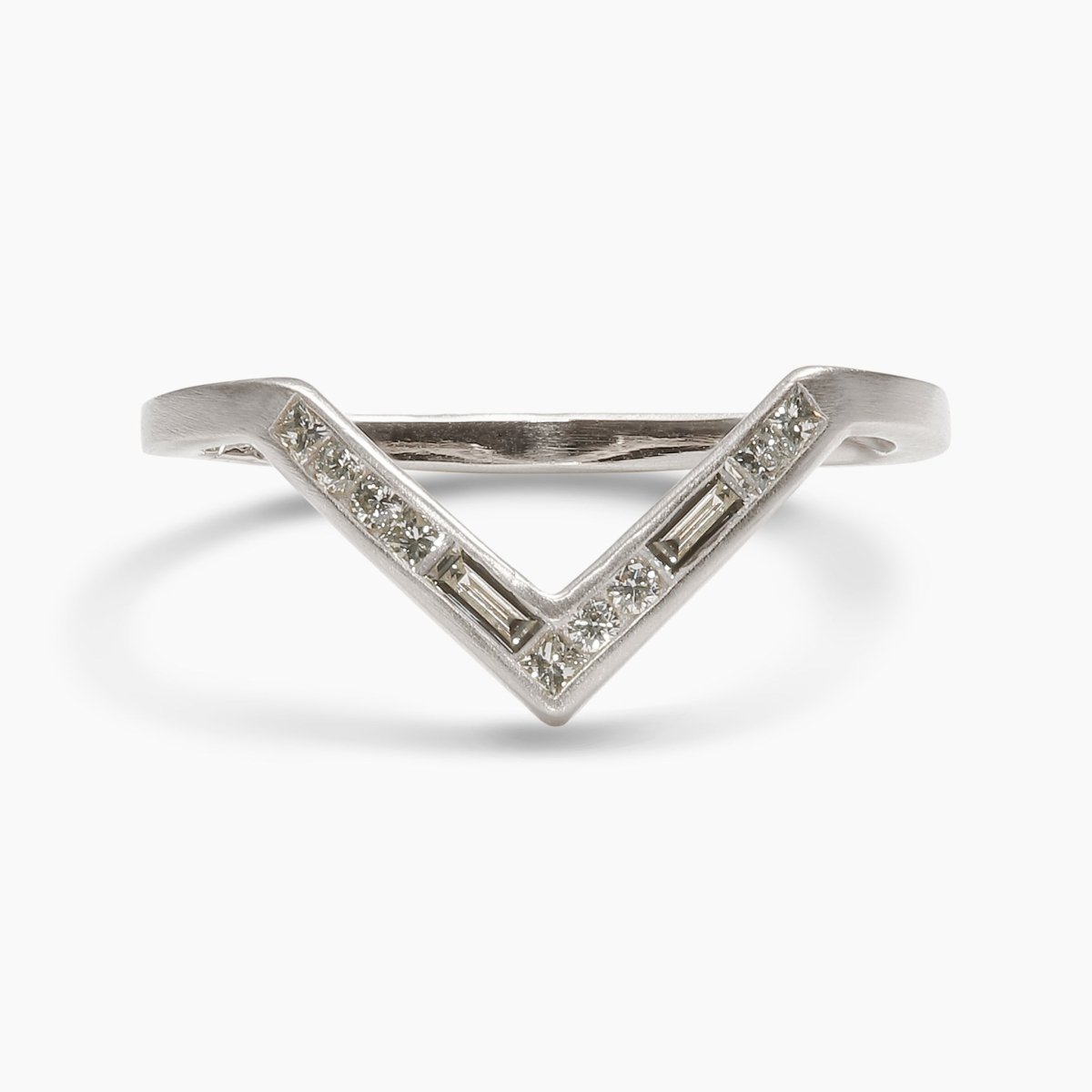 V-shaped Altus 14K recycled white gold stacking ring, with lab-grown diamonds. Designed and handcrafted in Portland, Oregon.
