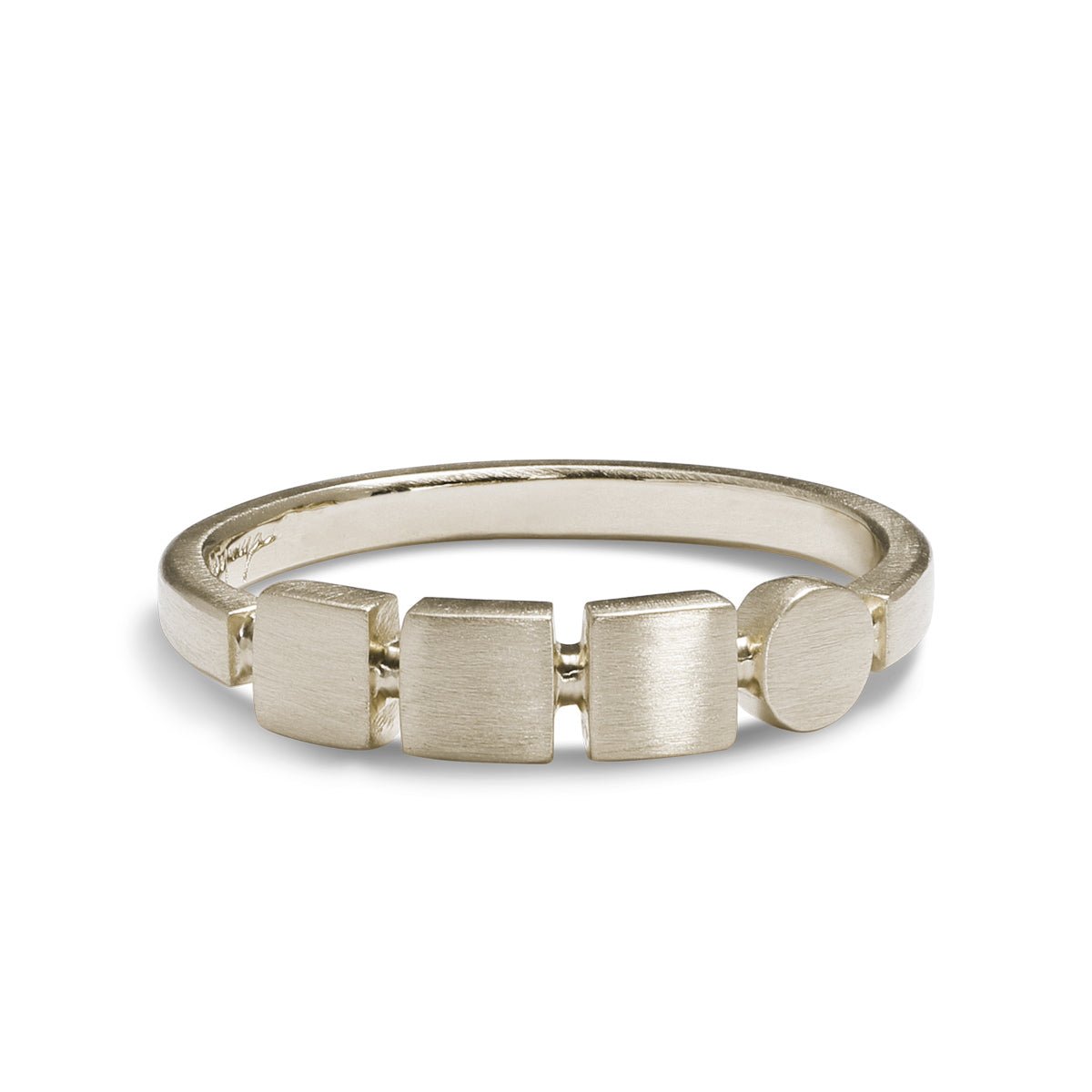 Square and circle motif Figura ring. Made with 14K recycled white gold in Portland, Oregon.