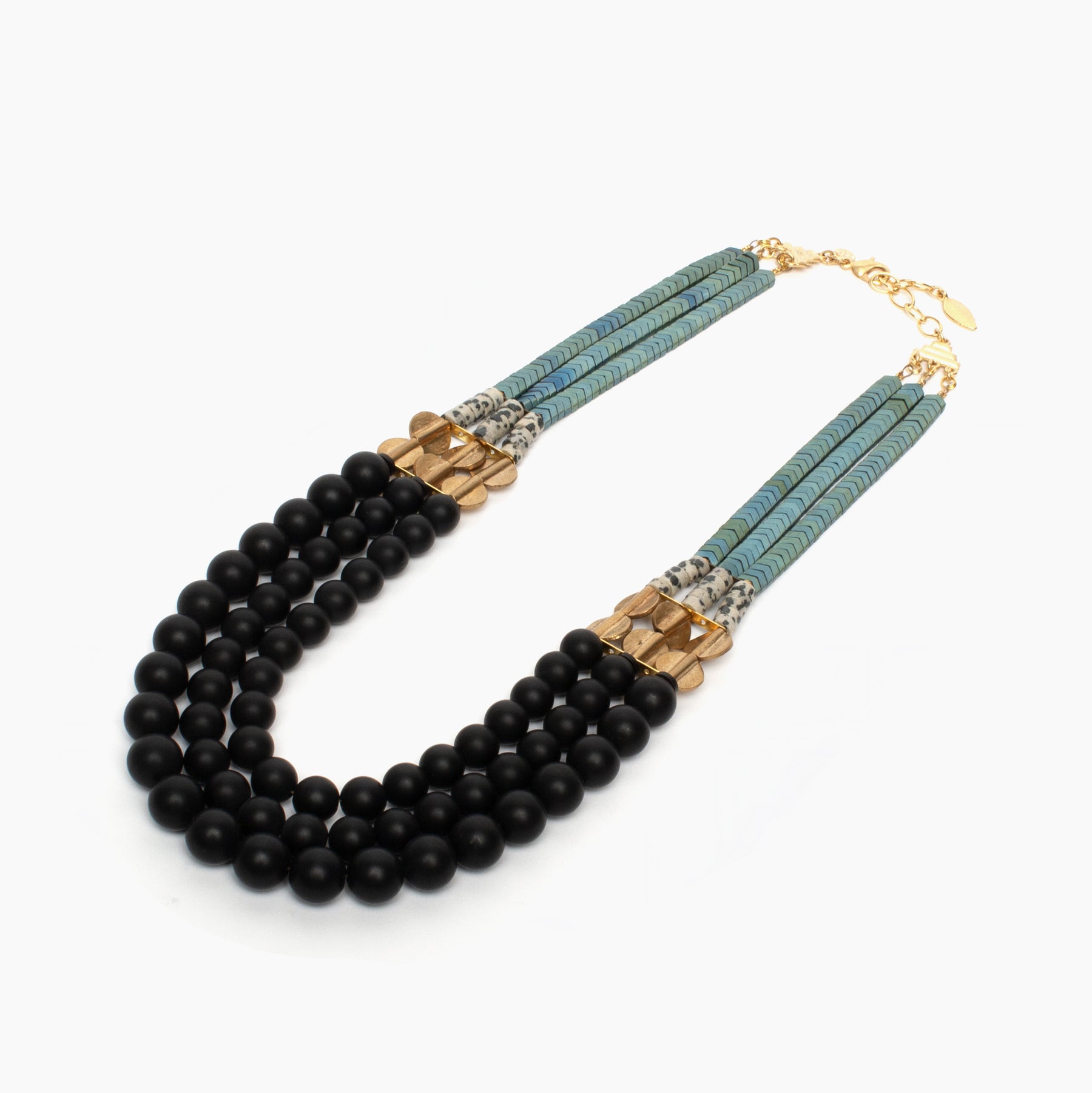 Jet Glass and Hematite Triple Strand Necklace
