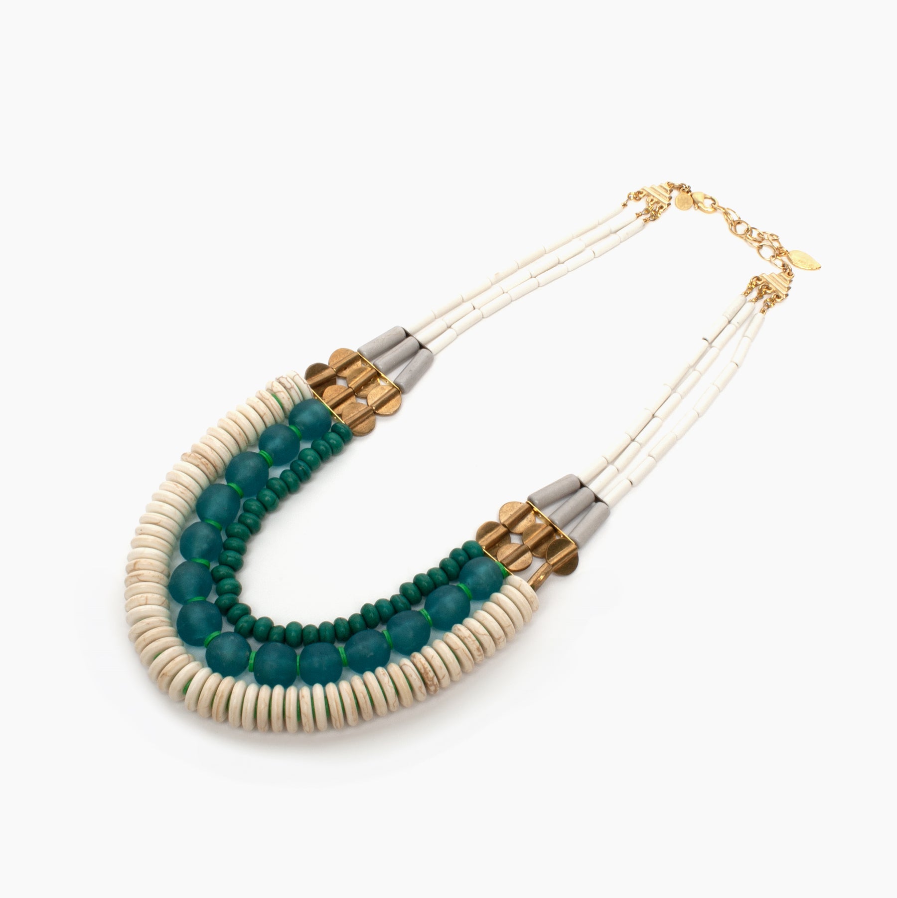 Triple Strand Necklace with White, Aqua Ghana Glass, & Turquoise
