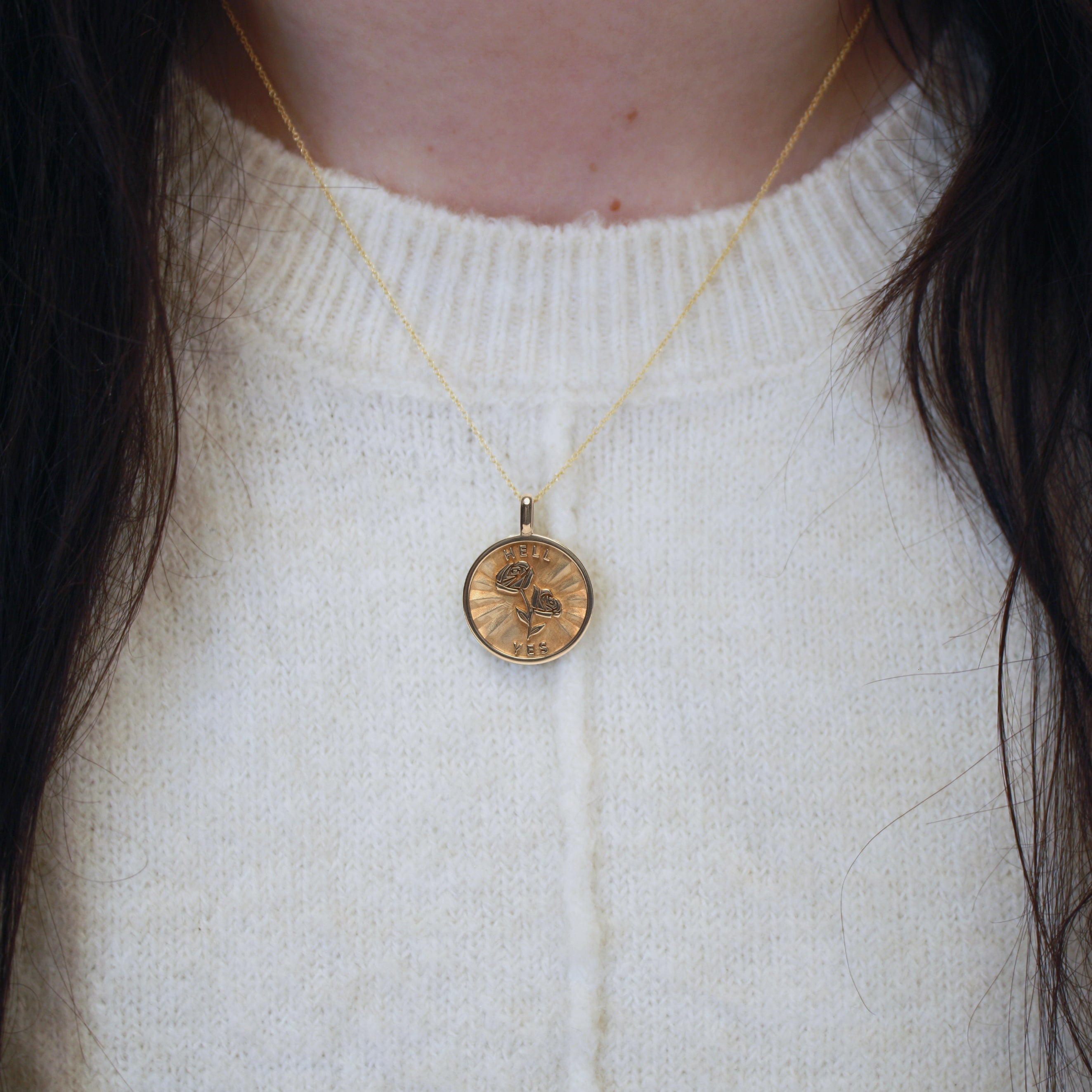 14k Gold Rose + Hell Yes medallion (chain optional)