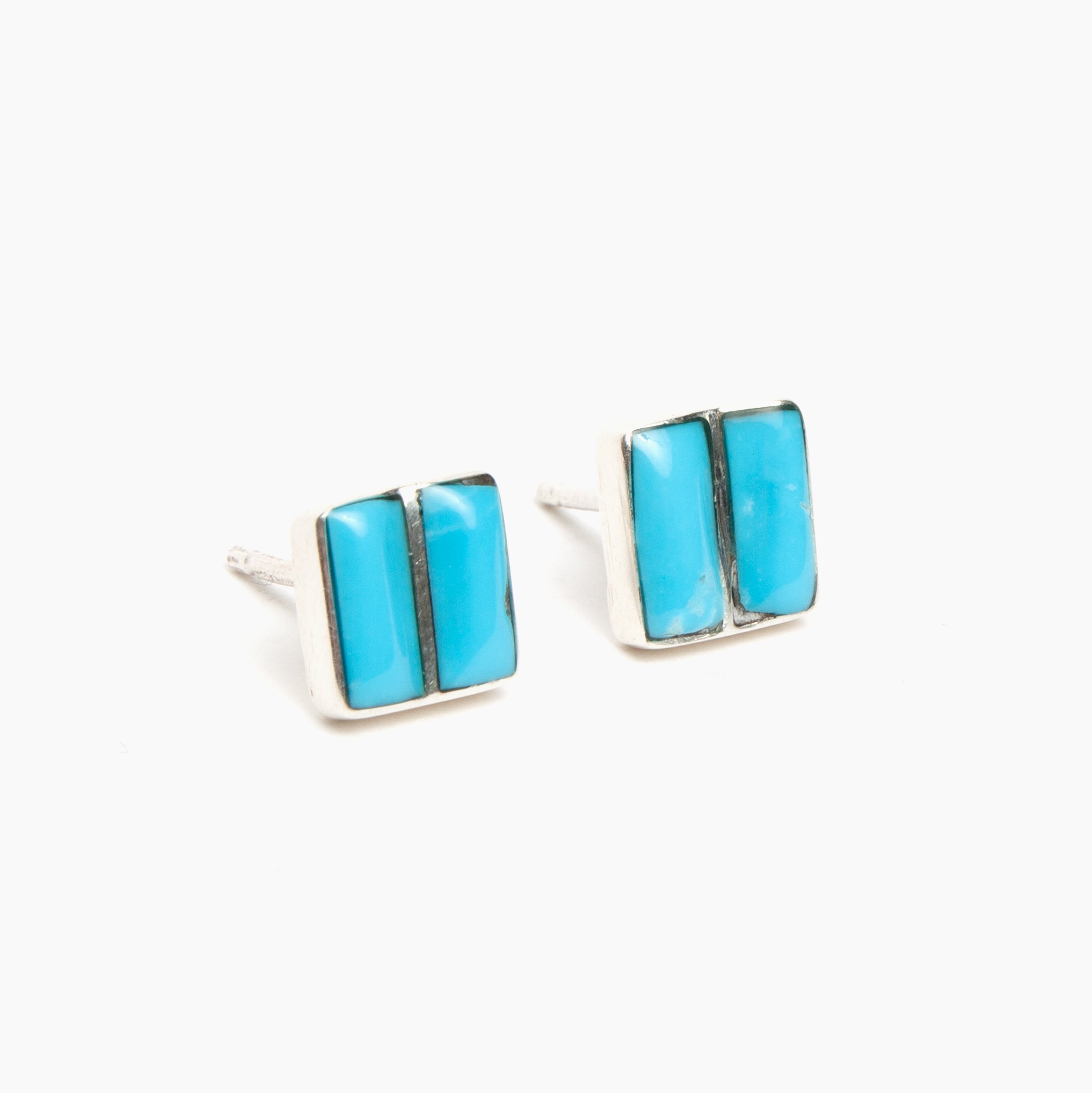 Zuni Turquoise Square with Half Line Stud Earrings