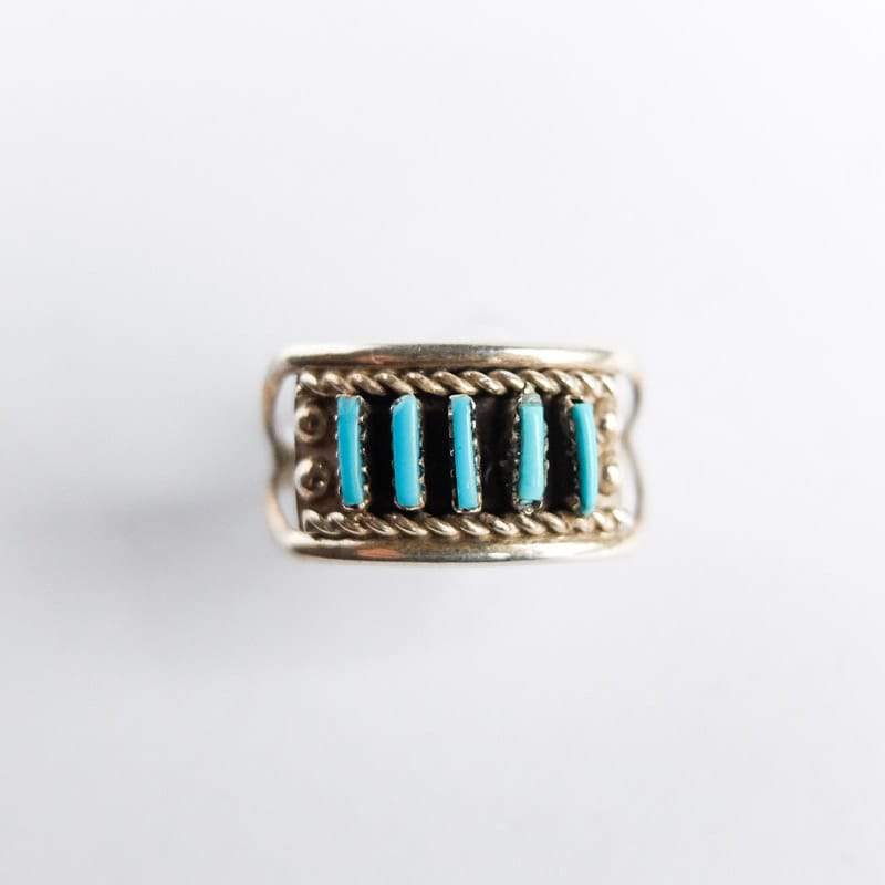 Wide Silver Needlepoint Turquoise Ring Size 9.75