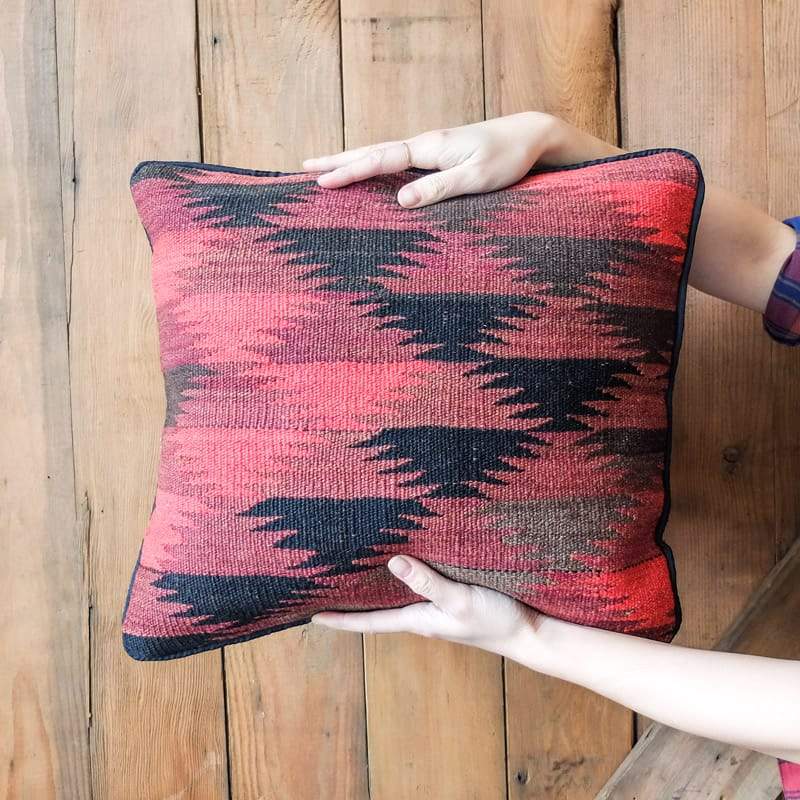 Kilim Pillow in Red, Mauve, Black and Charcoal