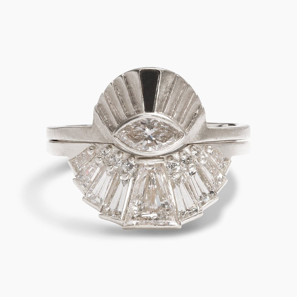 Aestus ring stacked on top of the Apricus ring. Both made of 14K recycled white gold in Portland, Oregon.