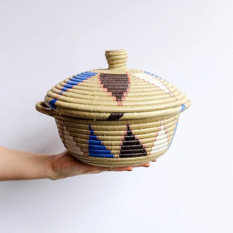 Lidded Handle Basket in Tan, Blue, Burgundy and White