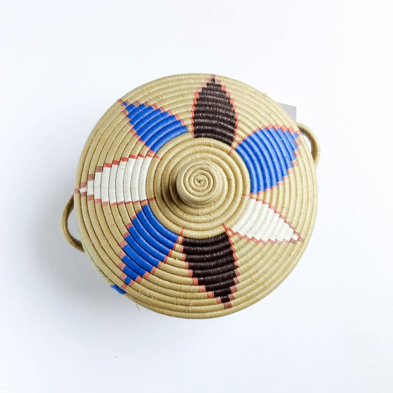 Lidded Handle Basket in Tan, Blue, Burgundy and White