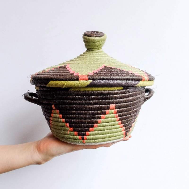 Lidded Handle Basket in Green, Pink and Brown