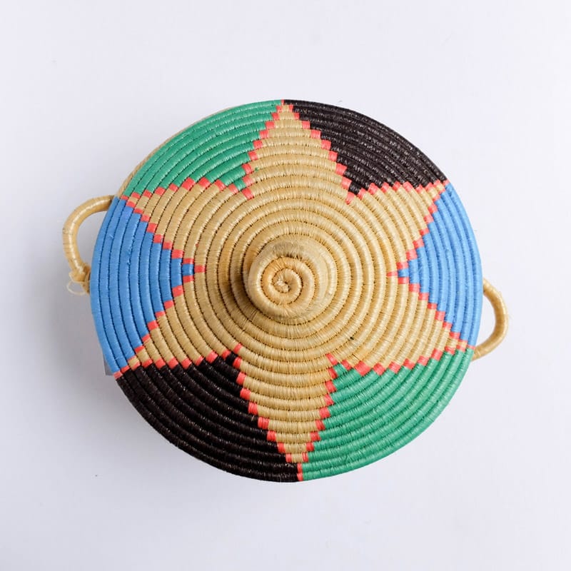 Lidded Handle Basket in Tan, Aqua, Green and Brown