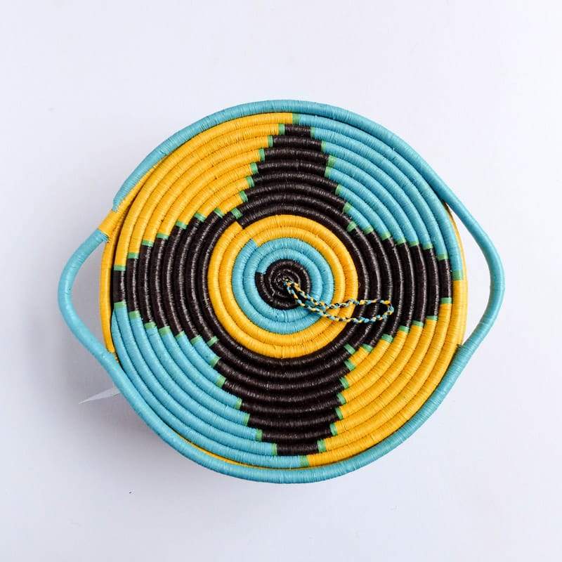 Flat Lidded Handle Basket in Aqua, Yellow and Brown