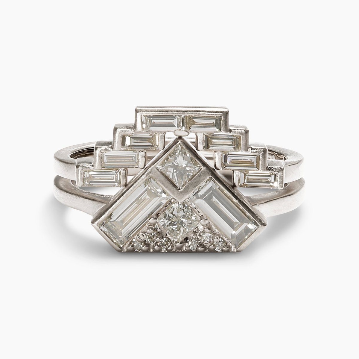 The Montis ring sits on top of the Aurore ring. Both made with recycled 14K white gold and lab-grown diamonds.