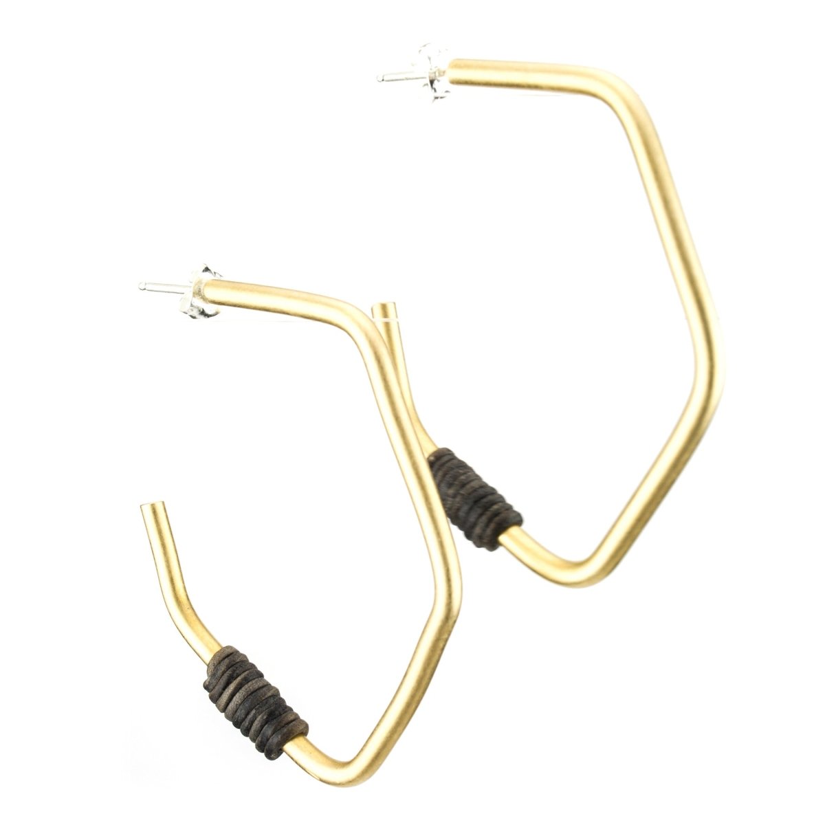 betsy & iya James John Hoop earrings with grey leather.