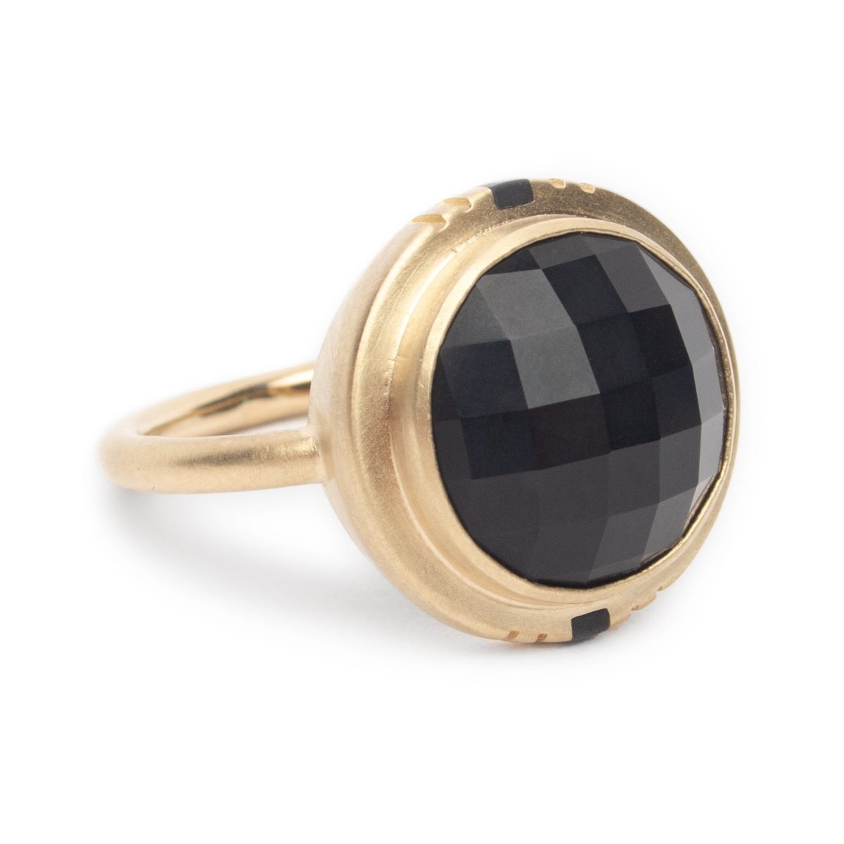 Flos ring with checkerboard cut Oregon black jasper set in 14k recycled yellow gold. Designed and handcrafted in Portland, Oregon.