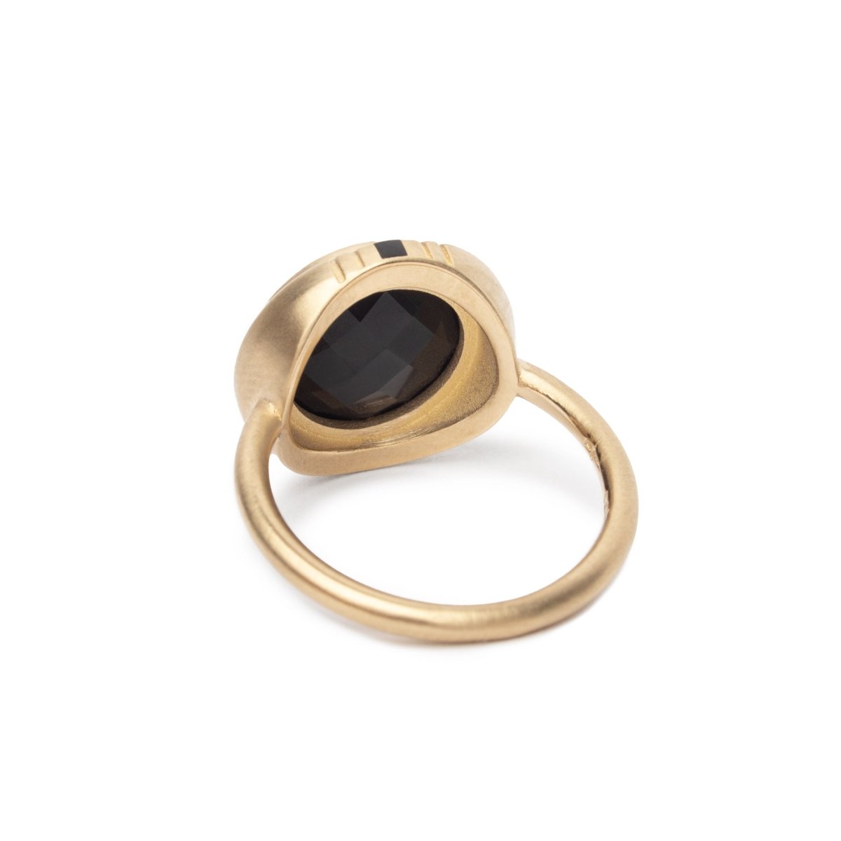 Flos ring with checkerboard cut Oregon black jasper set in 14k recycled yellow gold. Designed and handcrafted in Portland, Oregon.