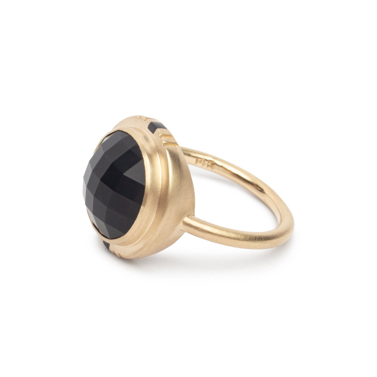 Flos ring with checkerboard cut Oregon black jasper set in 14k recycled yellow gold. Designed and handcrafted in Portland, Oregon.