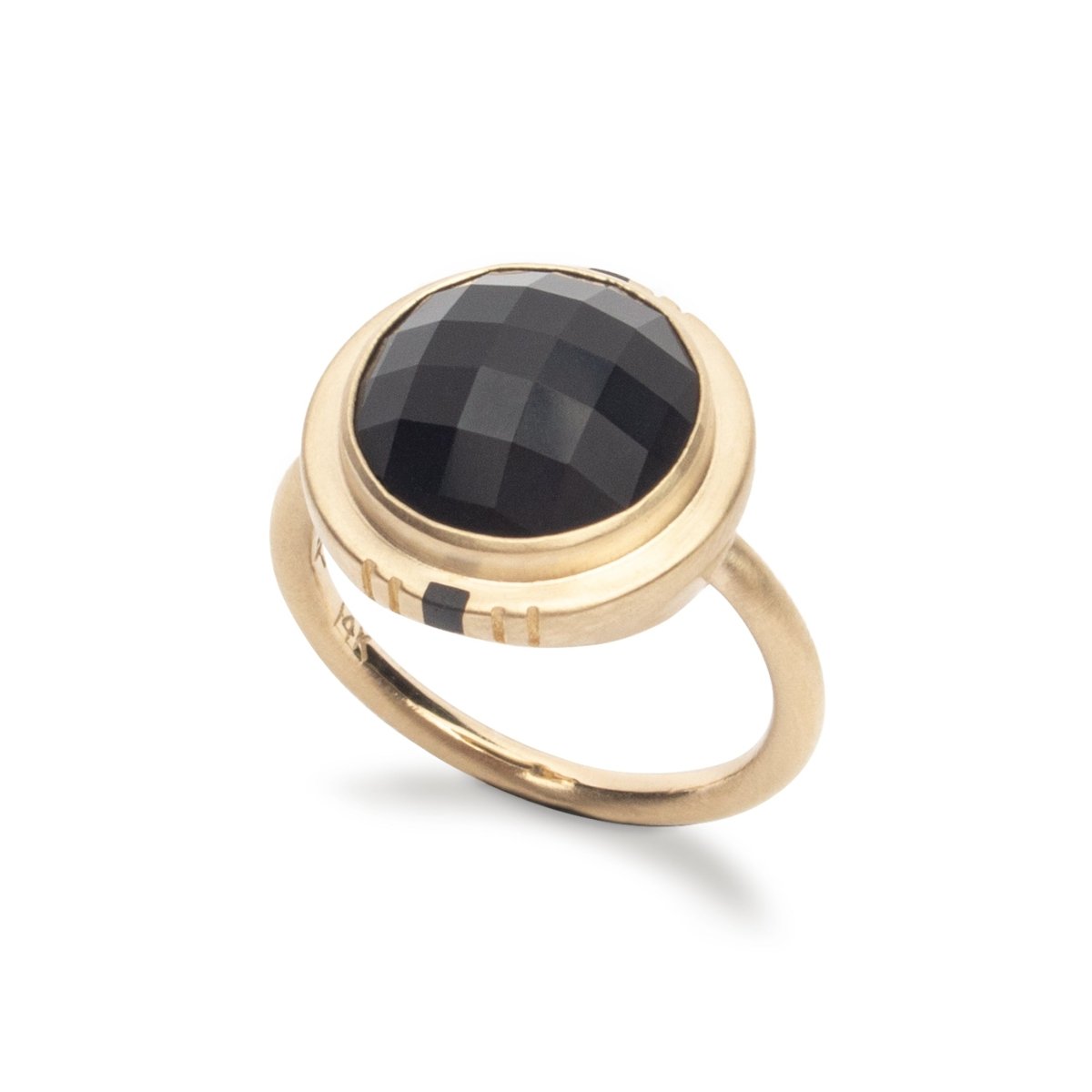 Flos ring with checkerboard cut Oregon black jasper set in 14k recycled yellow gold. Designed and handcrafted in Portland, Oregon.