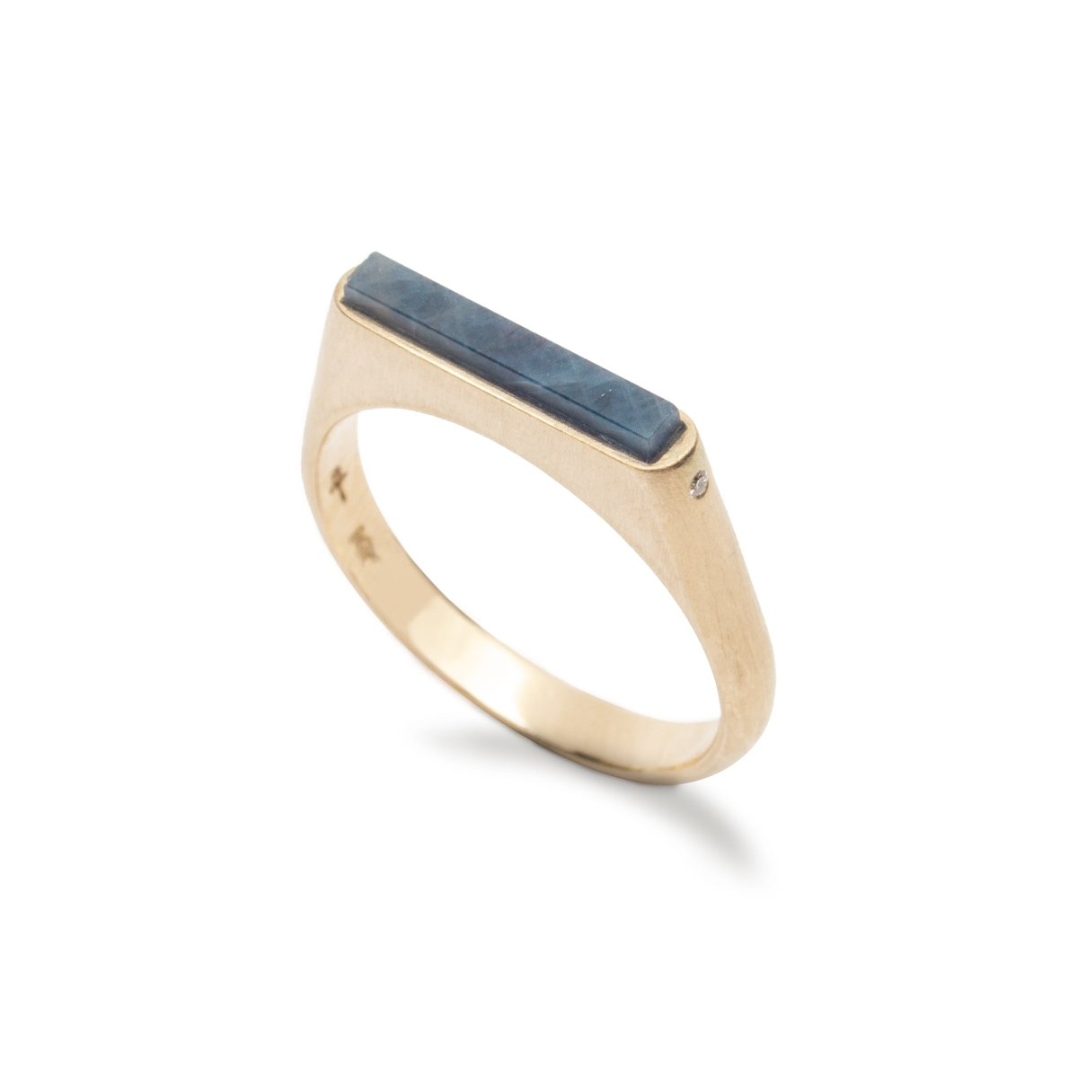 Sapphire Lucet ring with two white lab-grown diamonds, set in 14k recycled yellow gold. Designed and handcrafted in Portland, Oregon.