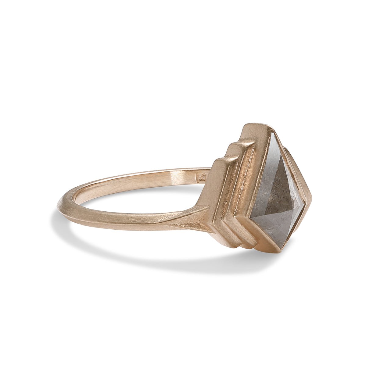 Adra 14K recycled gold ring, with conflict free rosecut kite salt & pepper diamond. Designed and handcrafted in Portland, Oregon.