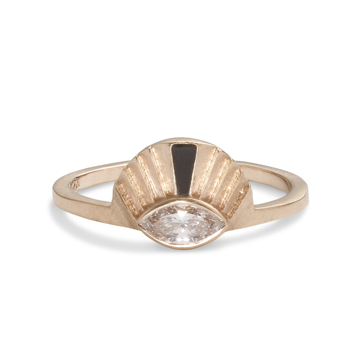 Aestus 14K recycled gold ring, with marquise lab-grown diamond and Oregon black jasper inlay. Designed and handcrafted in Portland, Oregon.
