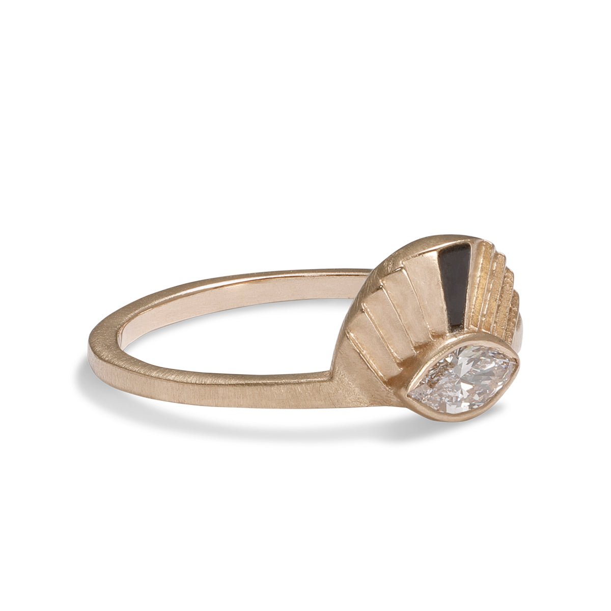 Aestus 14K recycled gold ring, with marquise lab-grown diamond and Oregon black jasper inlay. Designed and handcrafted in Portland, Oregon.