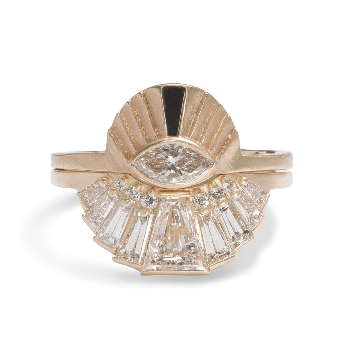 Aestus ring stacked on top of the Apricus ring. Both made of 14K recycled gold in Portland, Oregon.