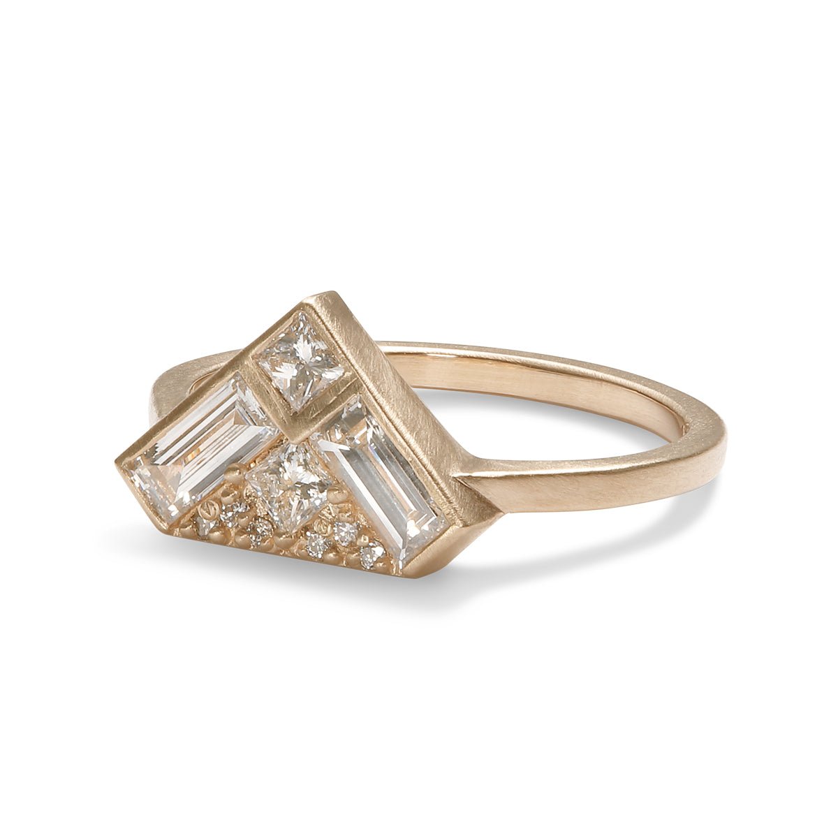 Triangular Aurore ring, set in 14K gold with lab-grown diamonds. Designed and handcrafted in Portland, Oregon.