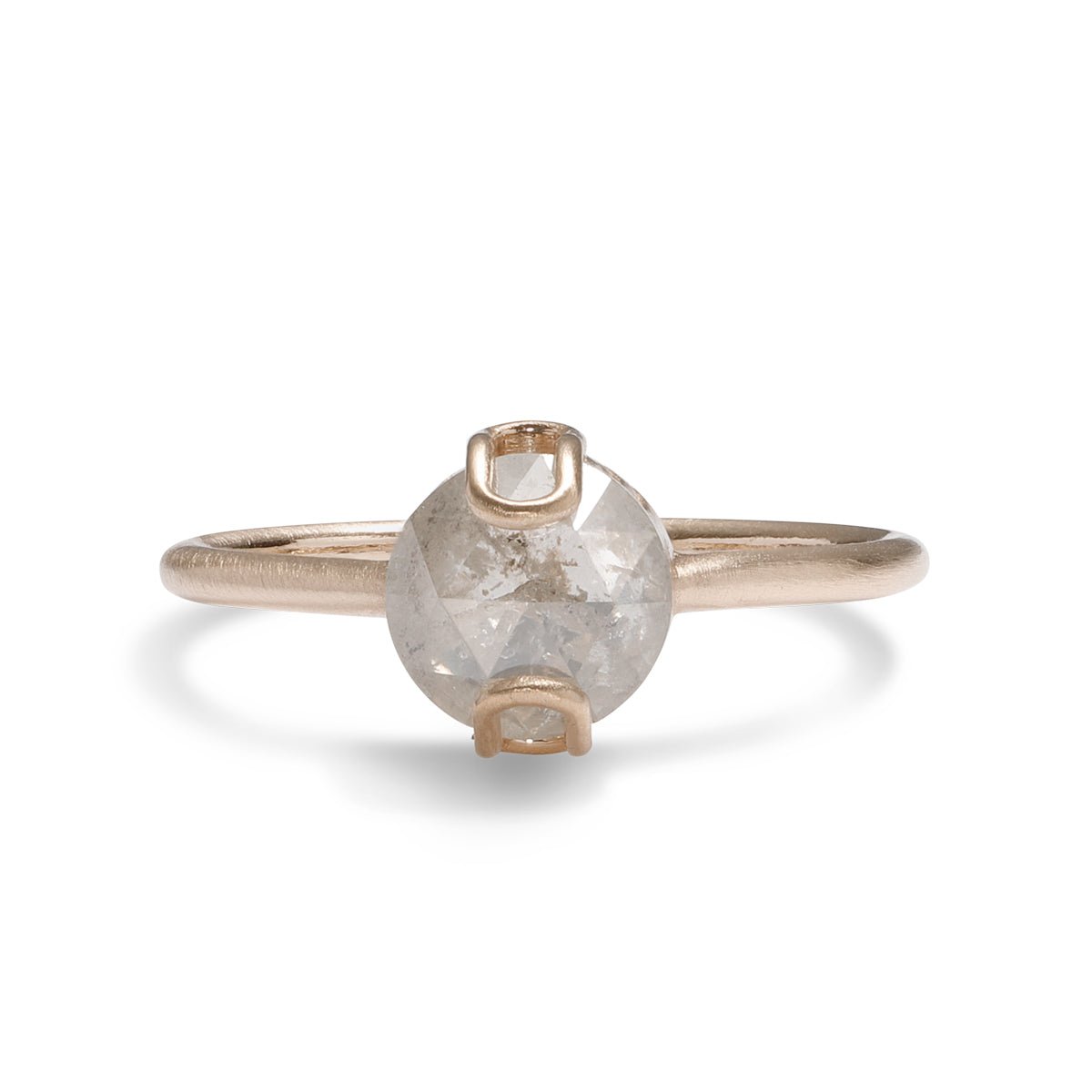 Salt & pepper diamond Caelus ring, with a unique prong setting set in 14K gold. Designed and handcrafted in Portland, Oregon.