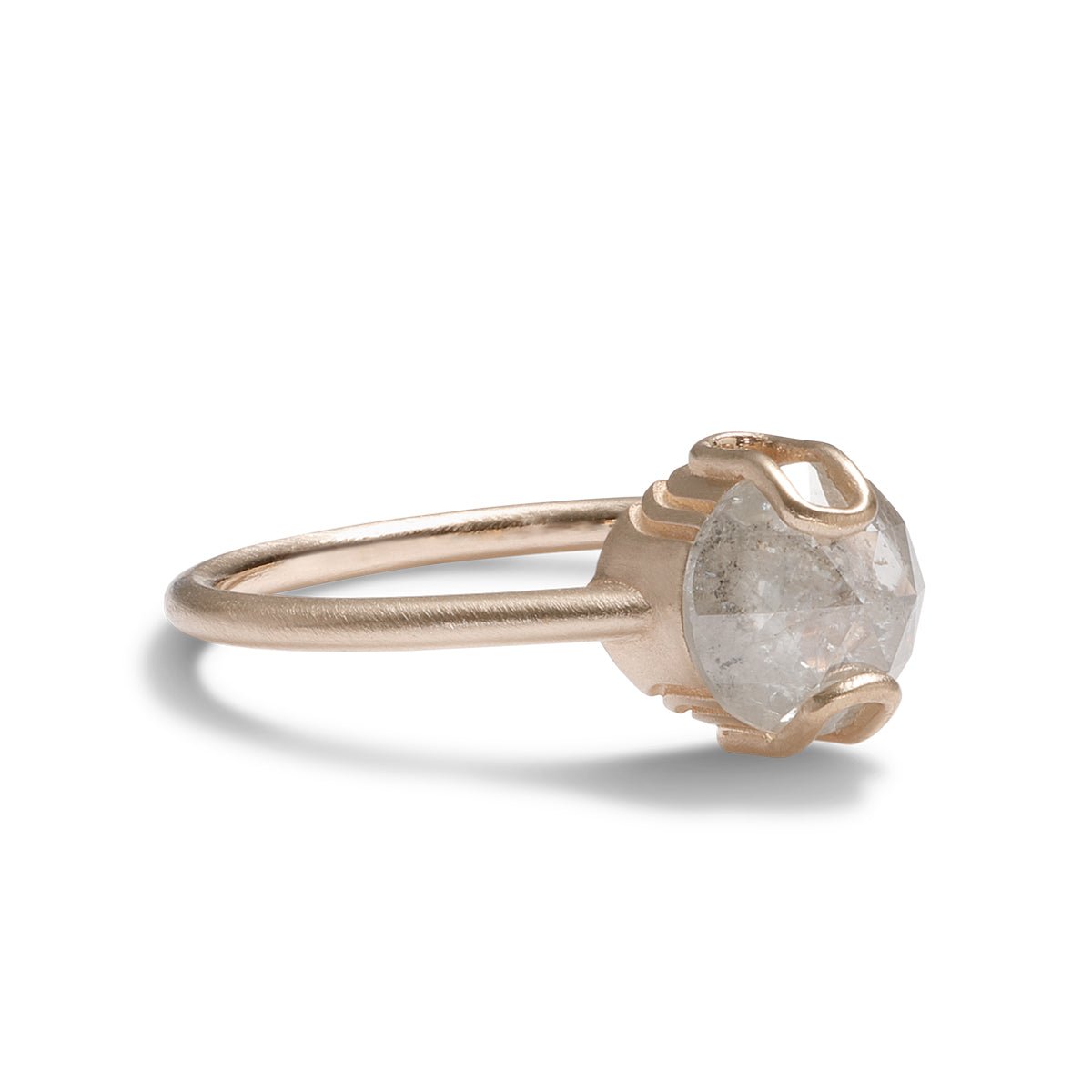 Salt & pepper diamond Caelus ring, with a unique prong setting set in 14K gold. Designed and handcrafted in Portland, Oregon.