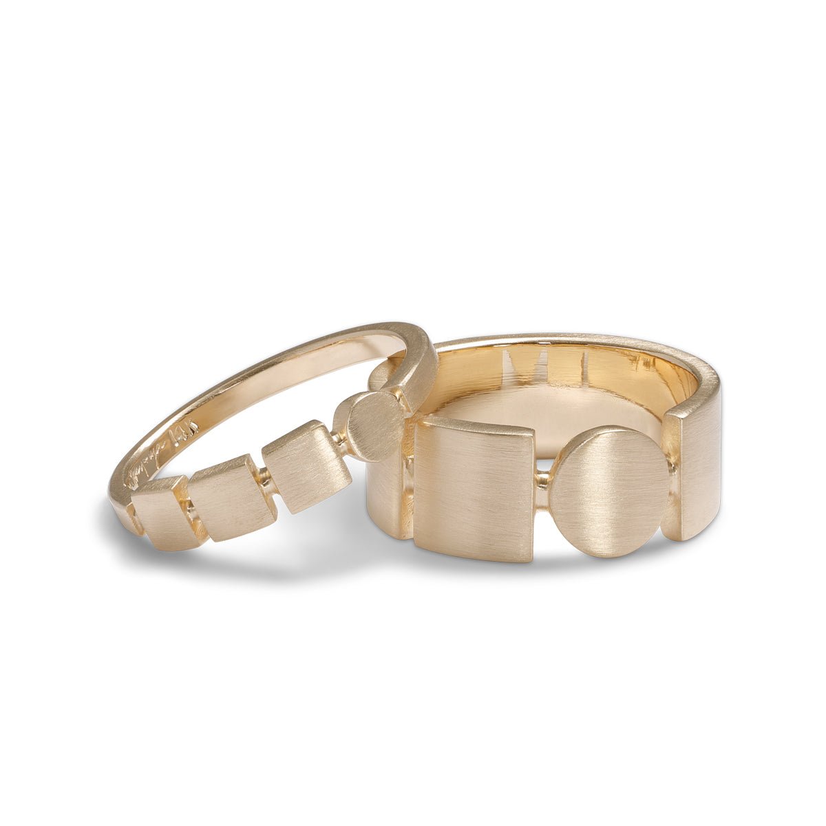 Square and circle motif Figura and Forma rings. Made with 14K recycled gold in Portland, Oregon.