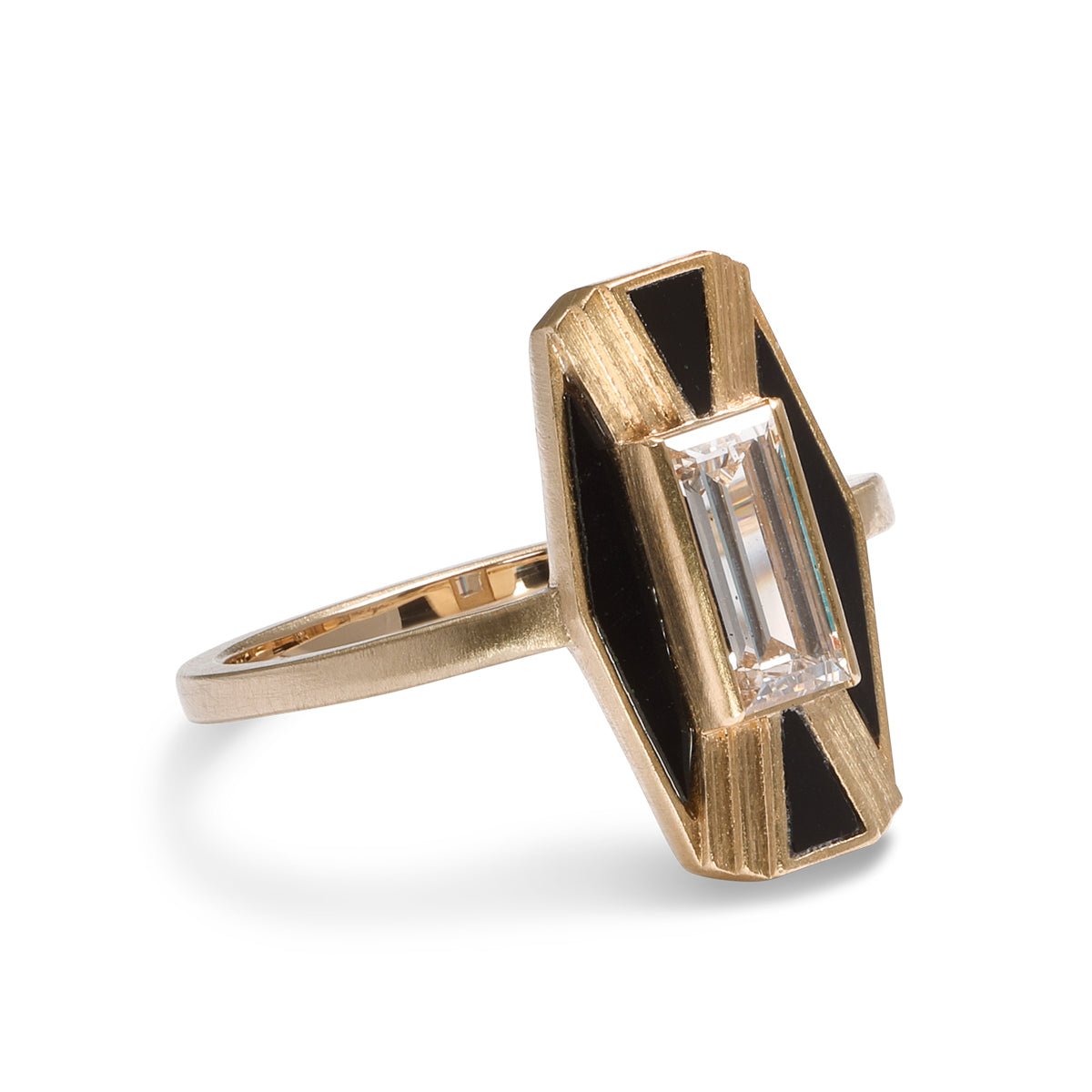 Imber cocktail ring with lab-grown baguette diamond focal and Oregon black jasper inlay. Set in 14K recycled gold.