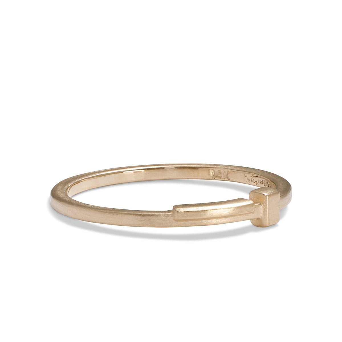 Linea ring, designed and made in our Portland studio. Geometric and linear motif in 14K recycled gold.