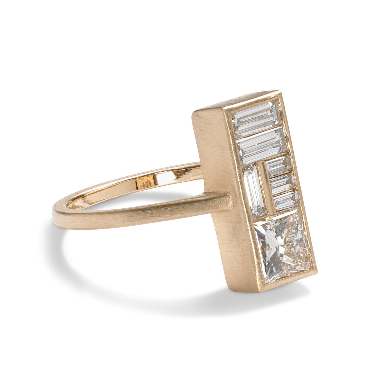 Rectangular Miro ring, designed and made in Portland, Oregon. Features lab-grown diamonds set in 14K recycled gold.