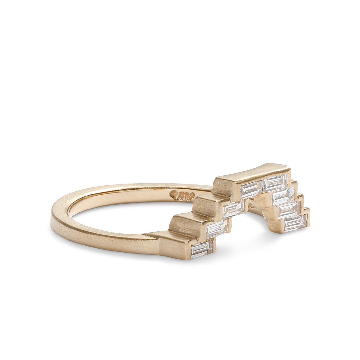 V-shaped geometric Montis stacking ring. Features lab-grown baguette diamonds and 14K recycled gold.