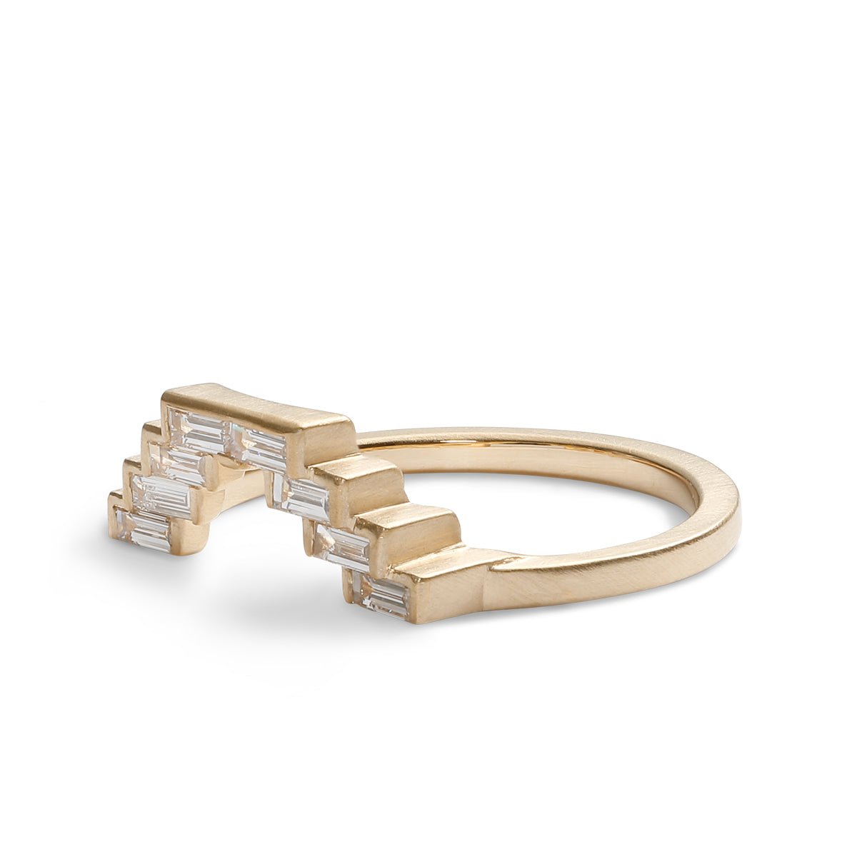 V-shaped geometric Montis stacking ring. Features lab-grown baguette diamonds and 14K recycled gold.