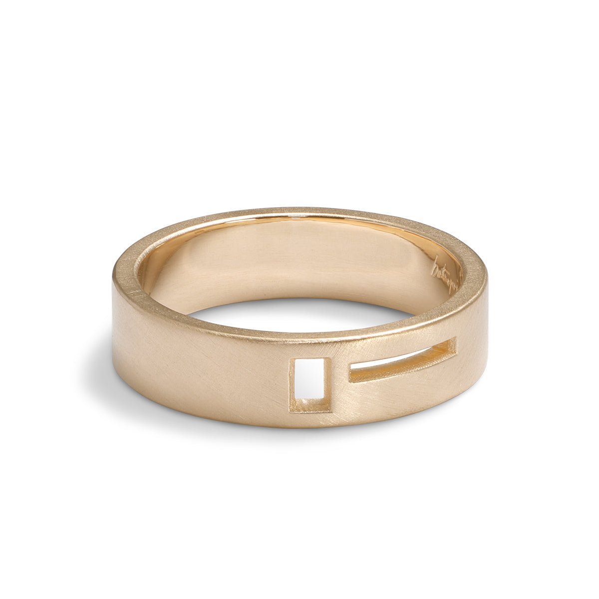 Wide band Sero ring. Features geometric cut-out band in 14K recycled gold. Designed and crafted in Portland, Oregon.