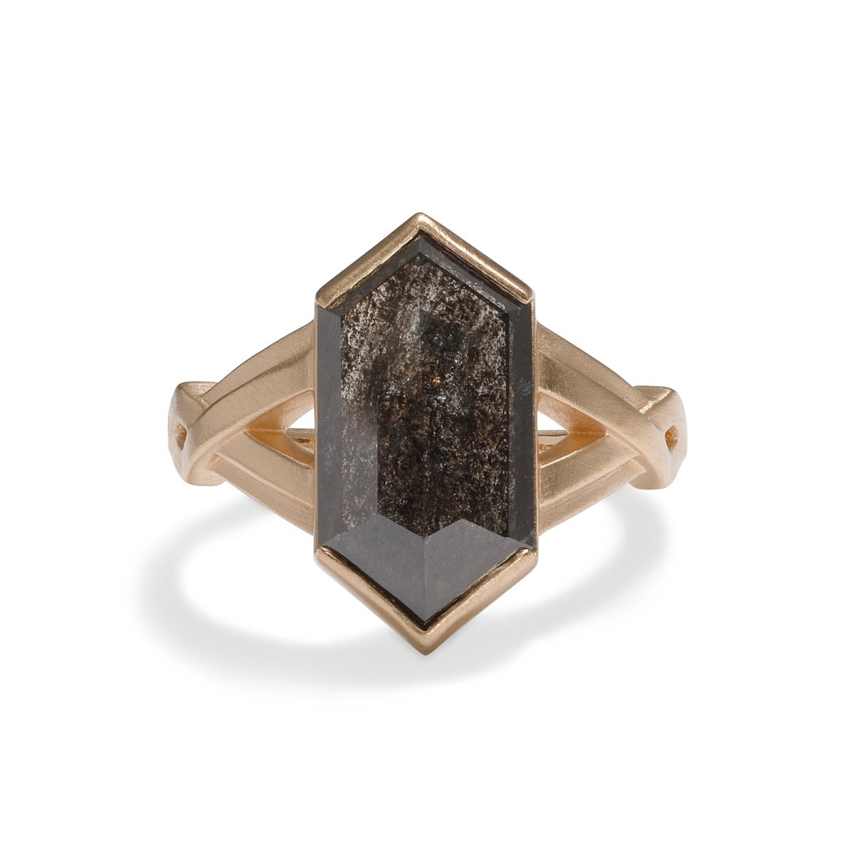Hexagonal salt & pepper diamond Veritas ring. With a chevron woven 14K gold band. Made in Portland, Oregon.