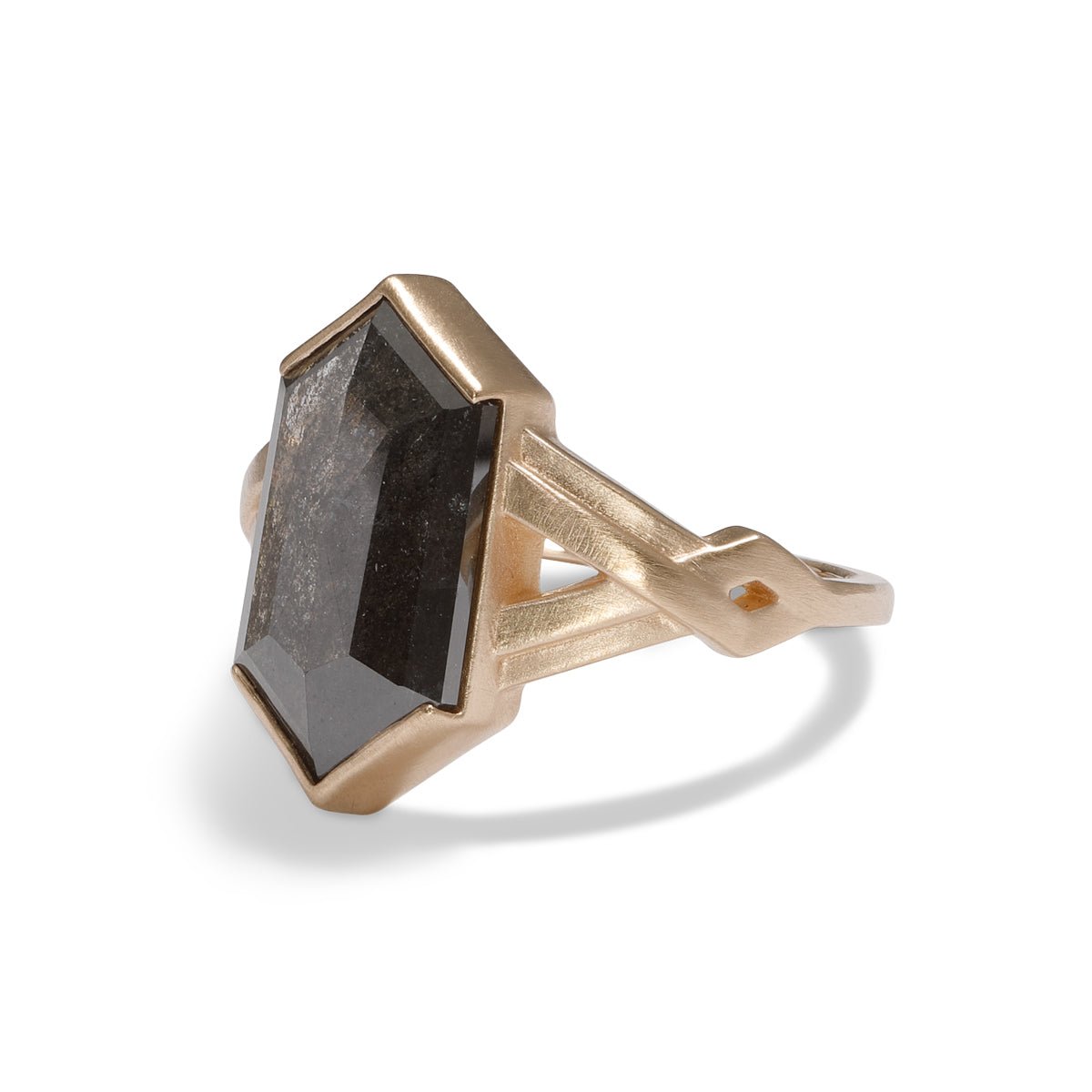 Hexagonal salt & pepper diamond Veritas ring. With a chevron woven 14K gold band. Made in Portland, Oregon.