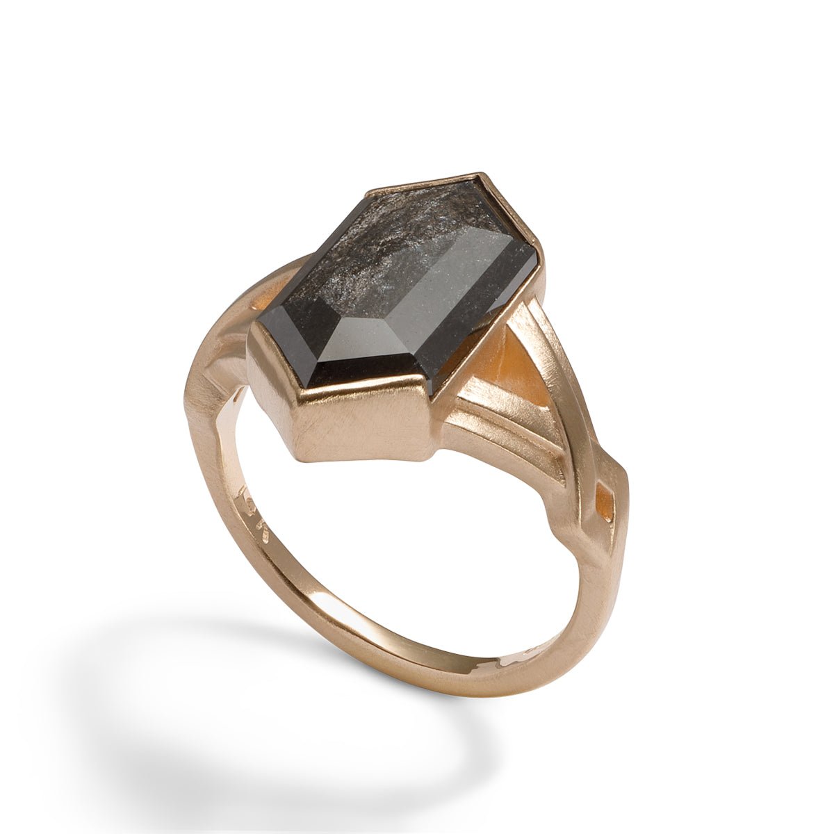 Hexagonal salt & pepper diamond Veritas ring. With a chevron woven 14K gold band. Made in Portland, Oregon.