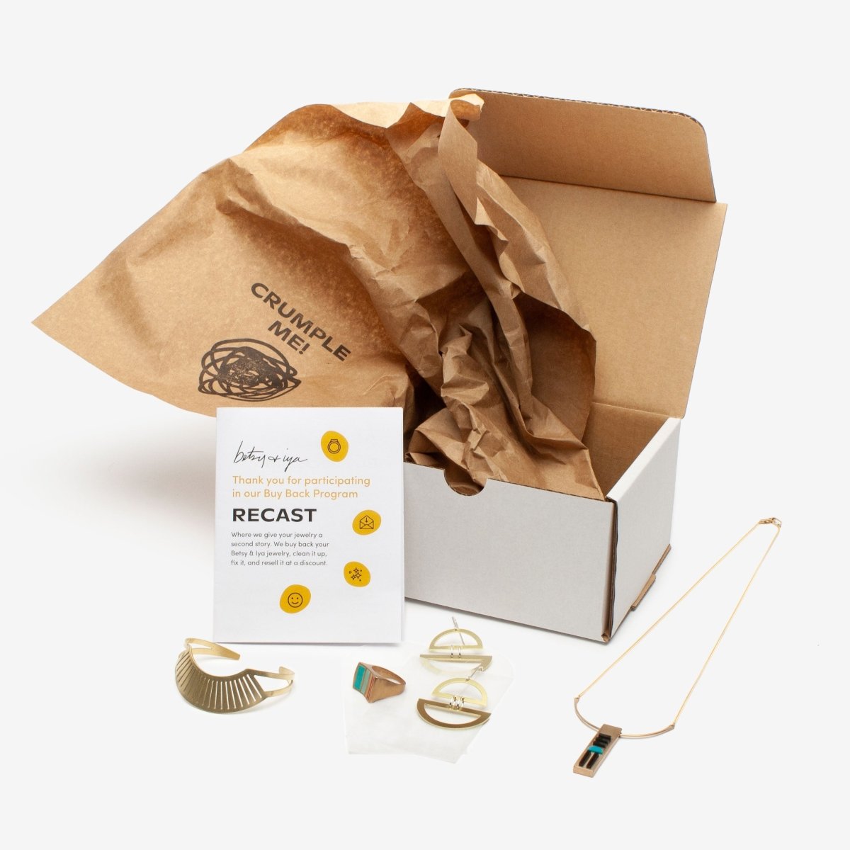 Recast Buy Back Kit includes box, return label, instructional pamphlet, brown paper for padding and glassine bags for jewelry.