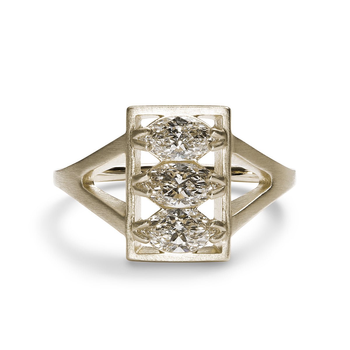 Rectangular Claro ring, featuring marquise lab-grown diamonds set in 14K white gold. Designed and handcrafted in Portland, Oregon.