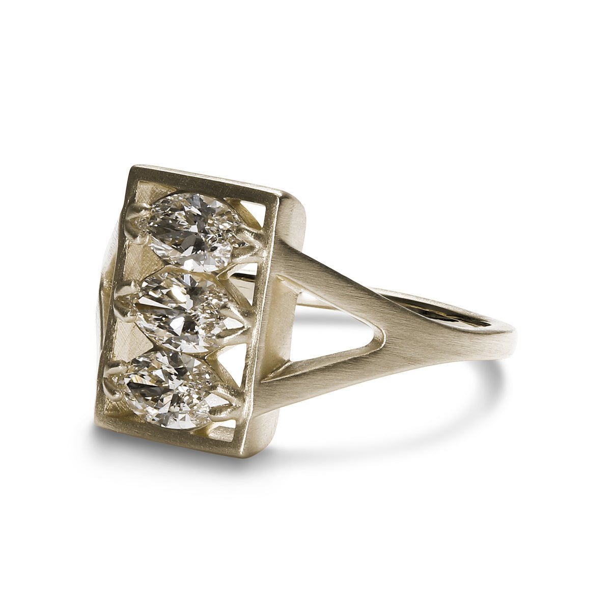 Rectangular Claro ring, featuring marquise lab-grown diamonds set in 14K white gold. Designed and handcrafted in Portland, Oregon.