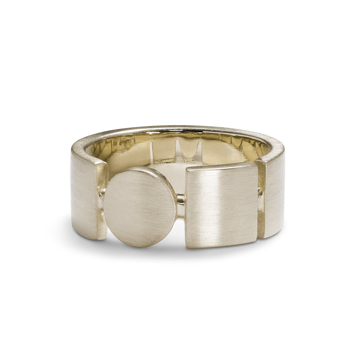 Square and circle motif Forma band. Made with 14K recycled white gold in Portland, Oregon.
