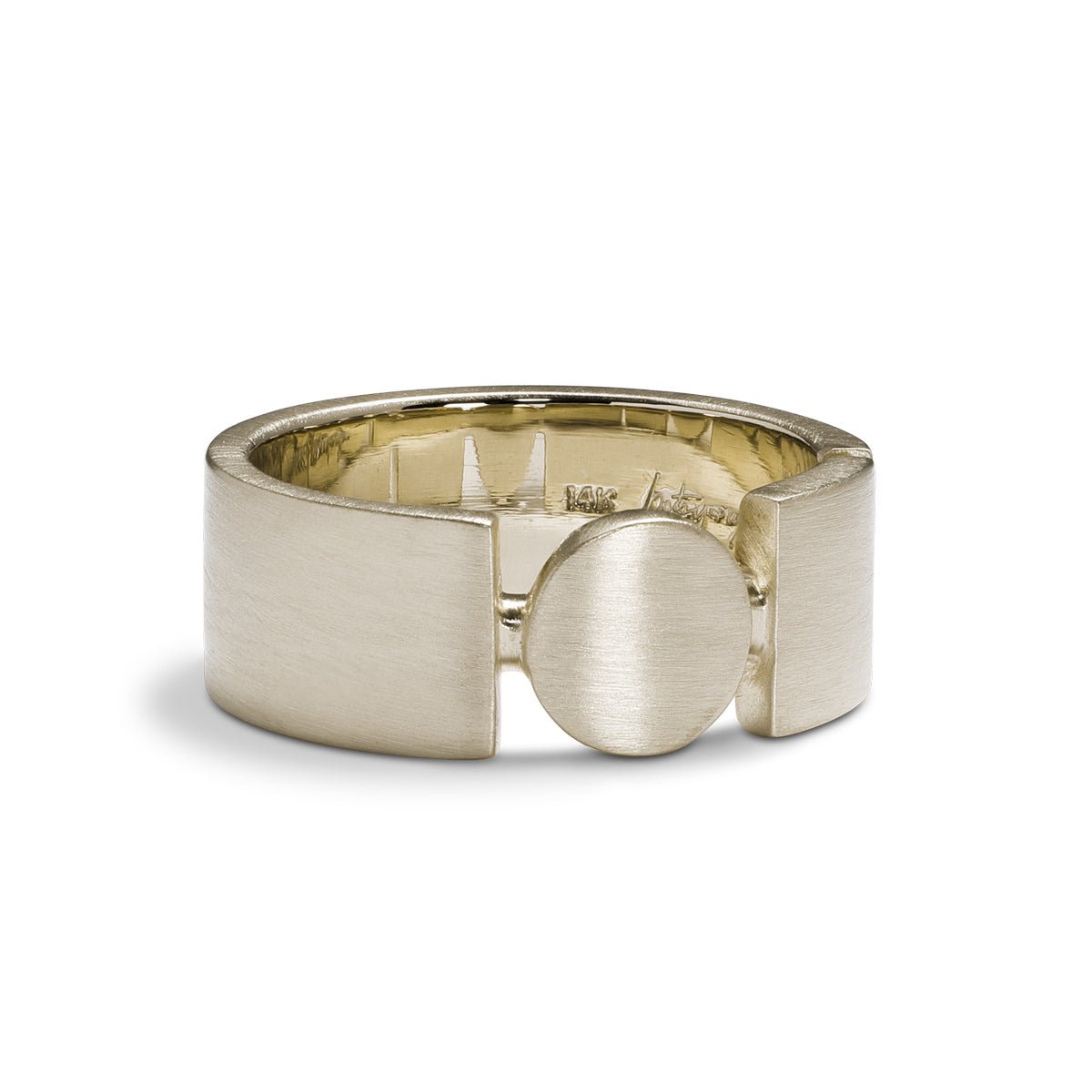 Square and circle motif Forma band. Made with 14K recycled white gold in Portland, Oregon.