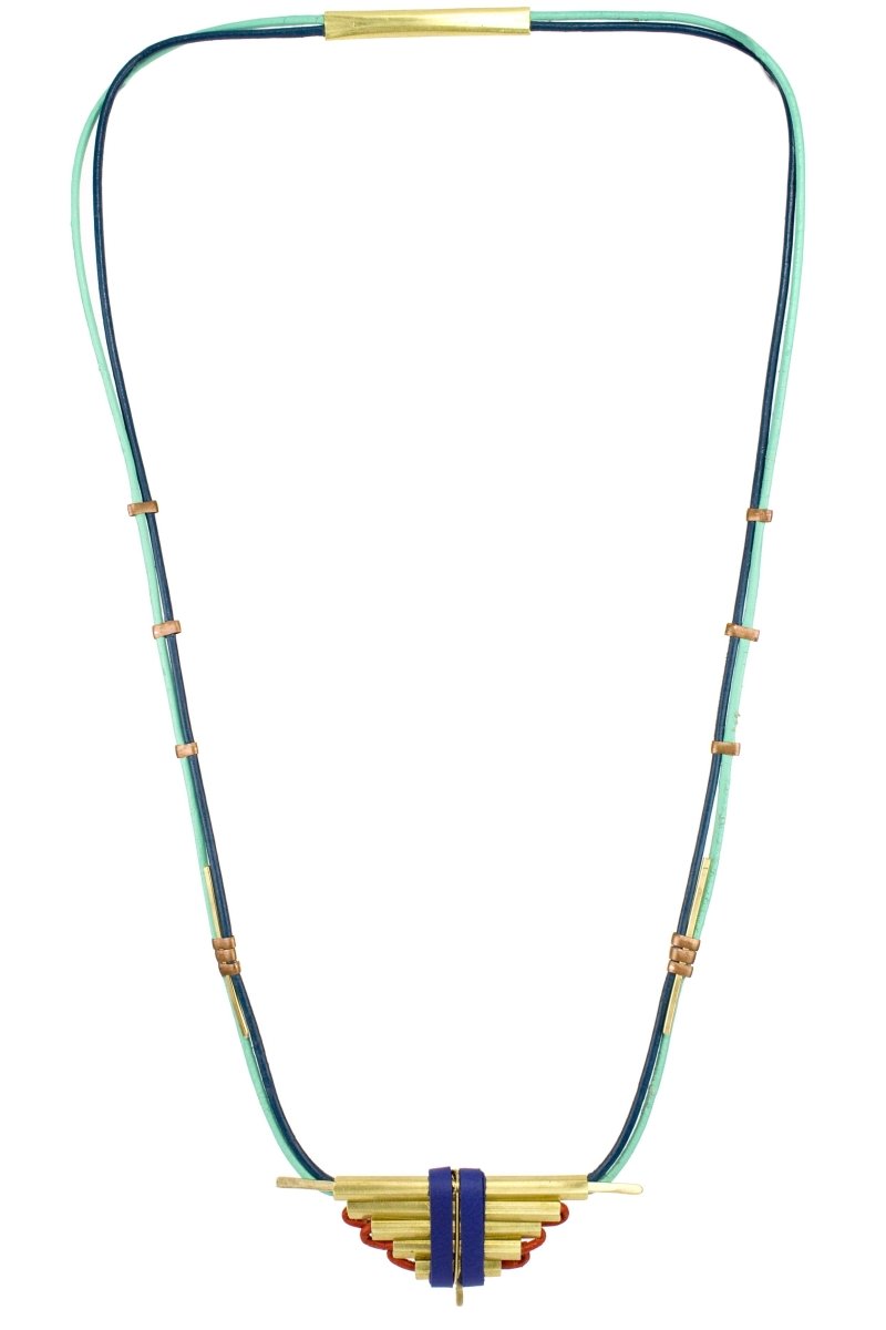 Full length view of betsy & iya Girding Element statement necklace.