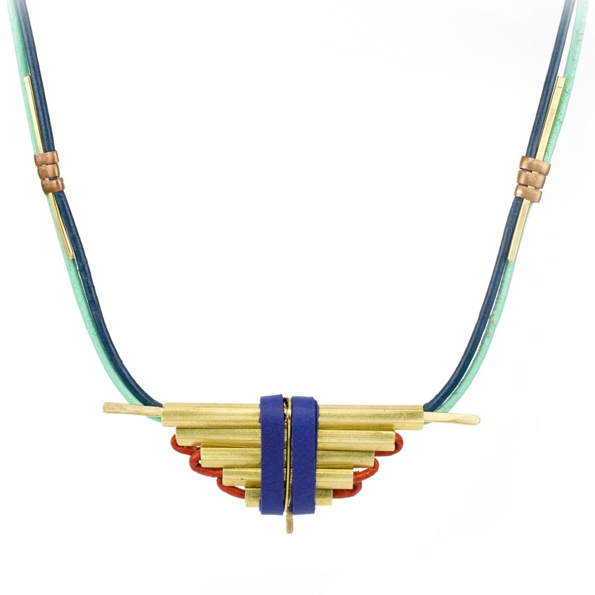 betsy & iya necklace with teal, blue, and red leathers and stacked geometric brass tubing.