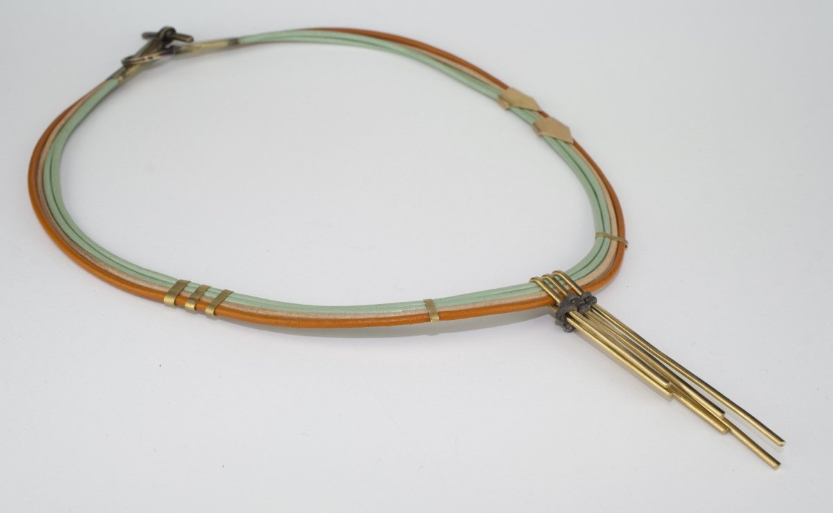 betsy & iya Sunset Under the Arches necklace muted rainbow leather