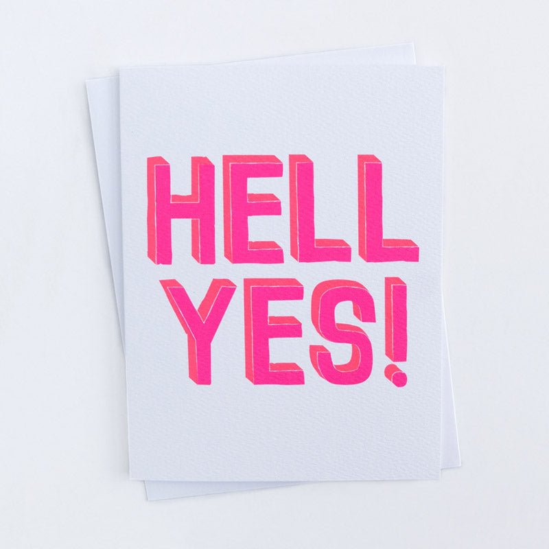 White card with bright pink text that reads: "HELL YES!" Made with recycled paper by Banquet Atelier in Vancouver, British Columbia, Canada.