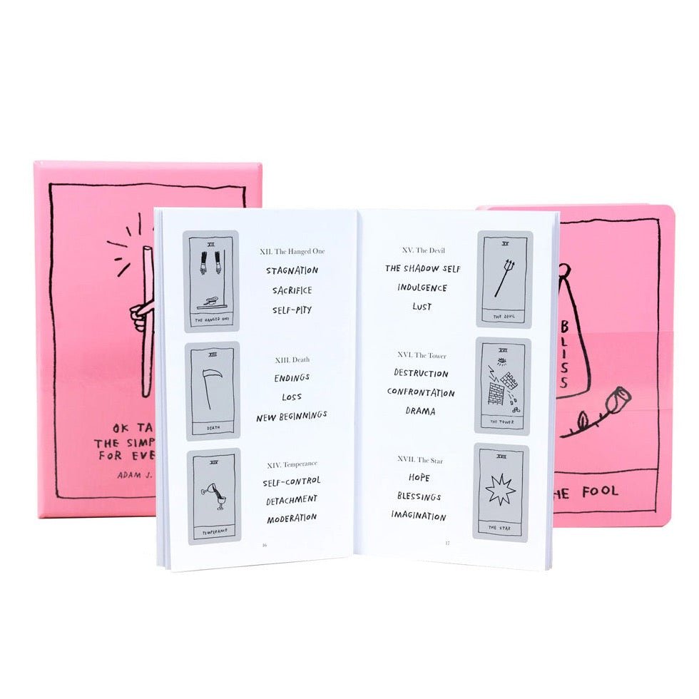 A booklet describing three elements of each tarot card. The Ok Tarot Deck is from Adam J. Kurtz.