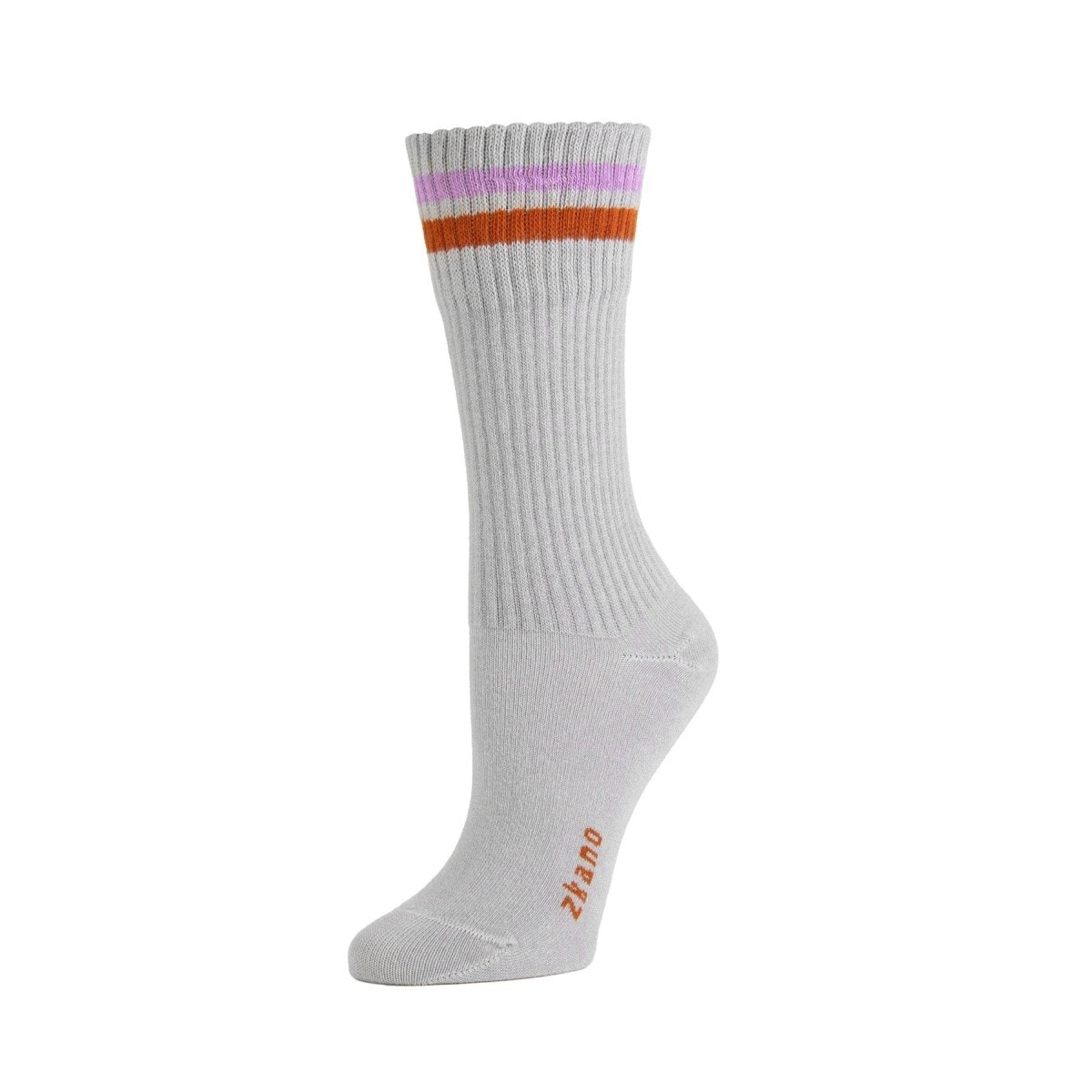 A light gray ribbed sock with a pink and orange stripe at the collar. The Camp Sock in Heather is from Zkano and made in Alabama, USA.