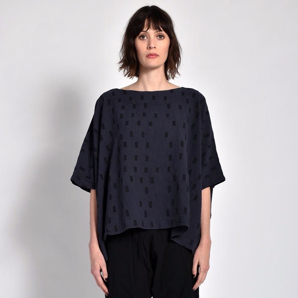 Navy blue oversized tunic with black square pattern. Designed and sewn by UZI in Brooklyn, New York.